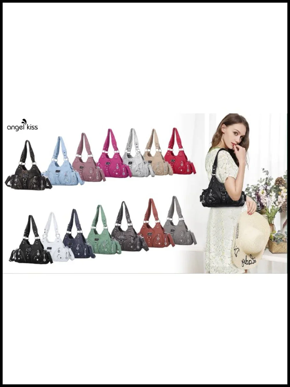 Small Vegan Leather Hobo Shoulder Bag Multi-Pocket Tote with Zipper